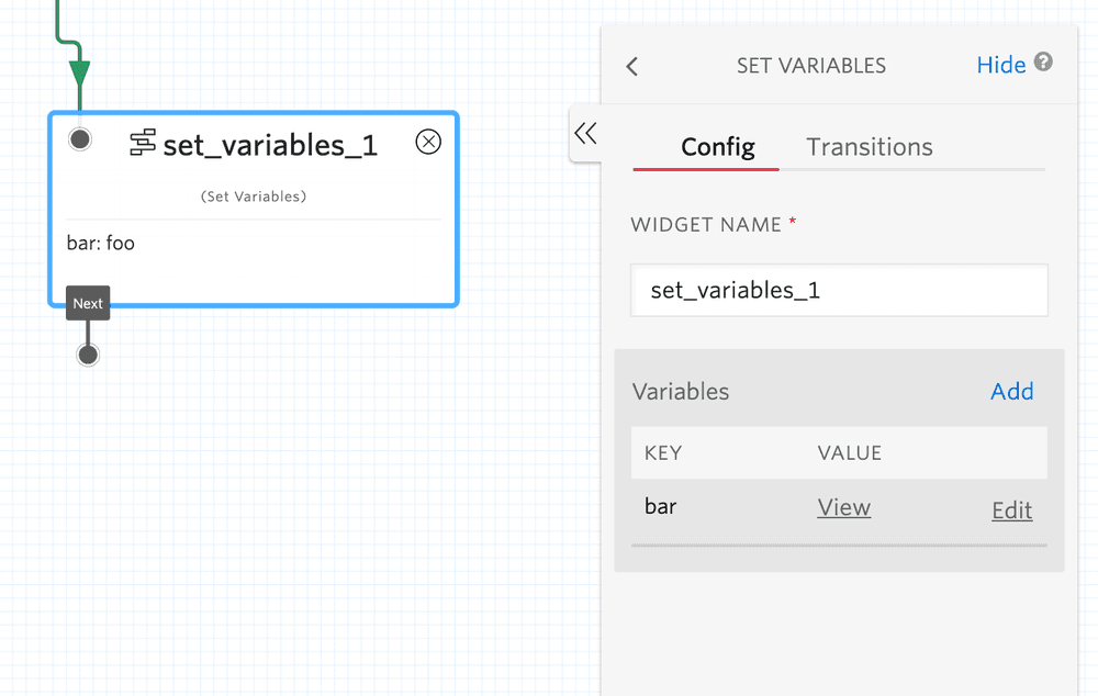 Twilio Studio set variables widget with key 'bar' and value 'foo'.
