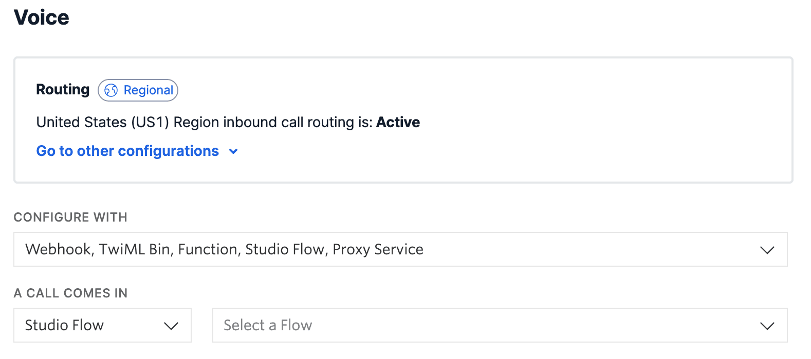 Voice routing configuration with options for Studio Flow and other services.