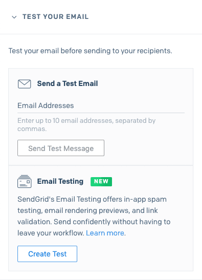 Options to send a test email or create an email test with SendGrid.