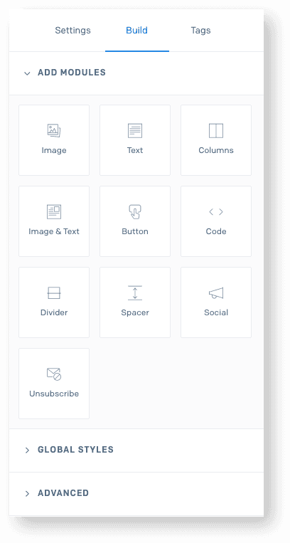 Build tab showing modules like , Text, Columns, Button, and Code.