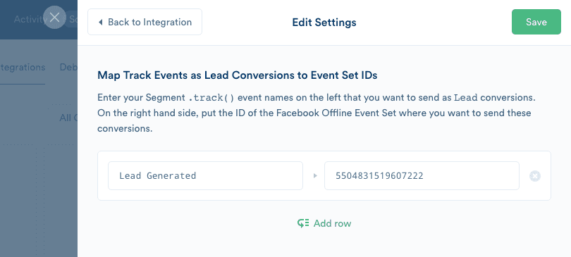 A screenshot of the settings tab for the Facebook Offline Conversions destination, with a Lead Generated event mapped to a Facebook Offline Event Set.