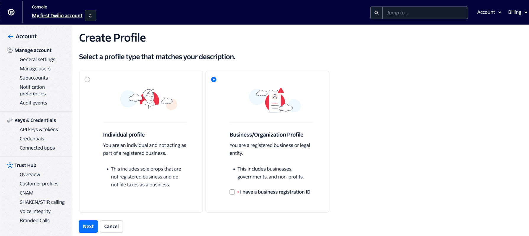 Create Profile page with options for Individual or Business/Organization profiles.