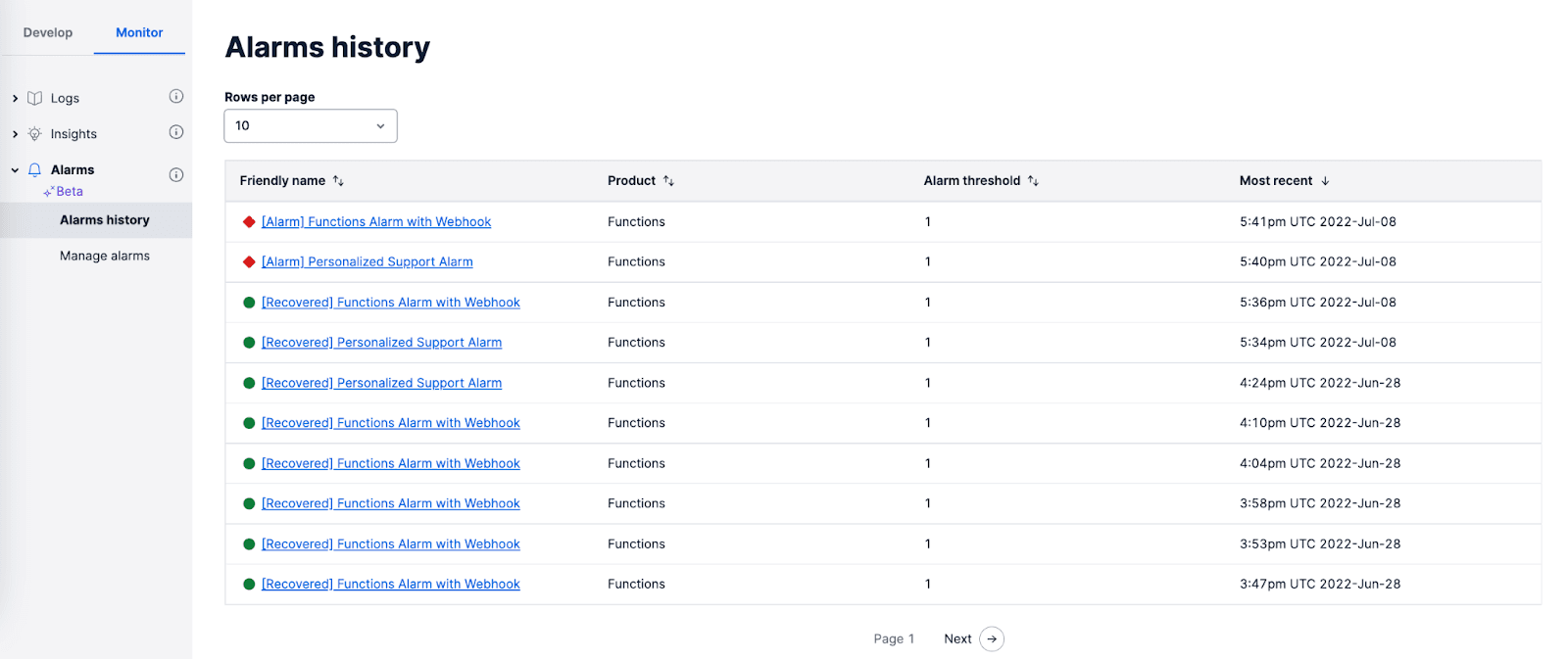 View of the Alarms history page within the Console, showing a list of triggered Alarms.