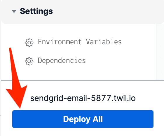 Settings panel with Deploy All button for sendgrid-email-5877.twil.io.