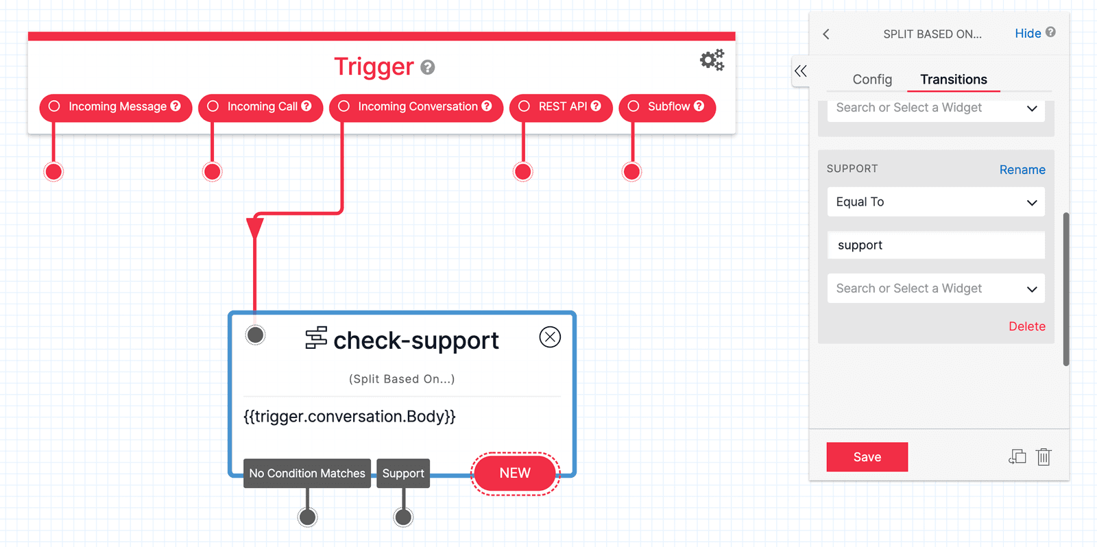 Twilio Studio Tutorial Conversations Split Based On widget on Canvas with configuration panel shown.