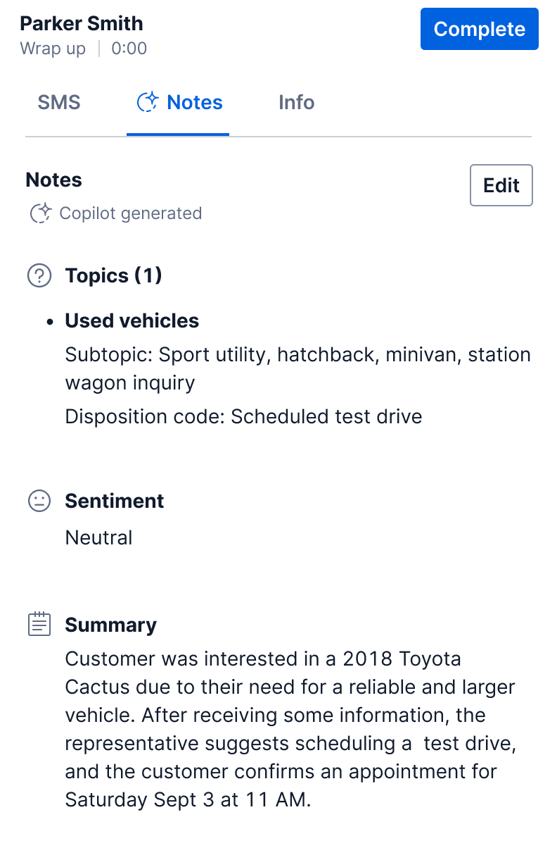 Wrap-up notes for Parker Smith on used vehicles with a neutral sentiment and scheduled test drive.