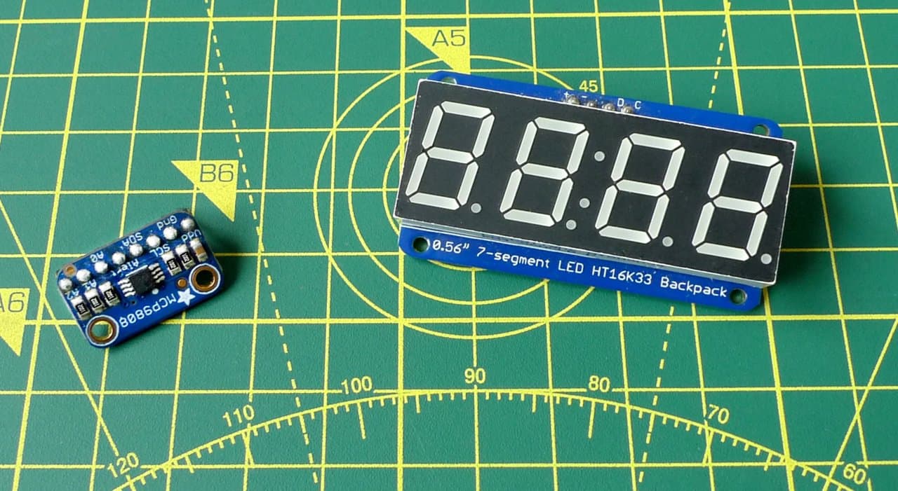 The MCP9808 and HT16K33 boards.