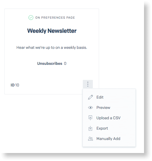 Weekly Newsletter menu with options to edit, preview, upload CSV, export, or manually add.