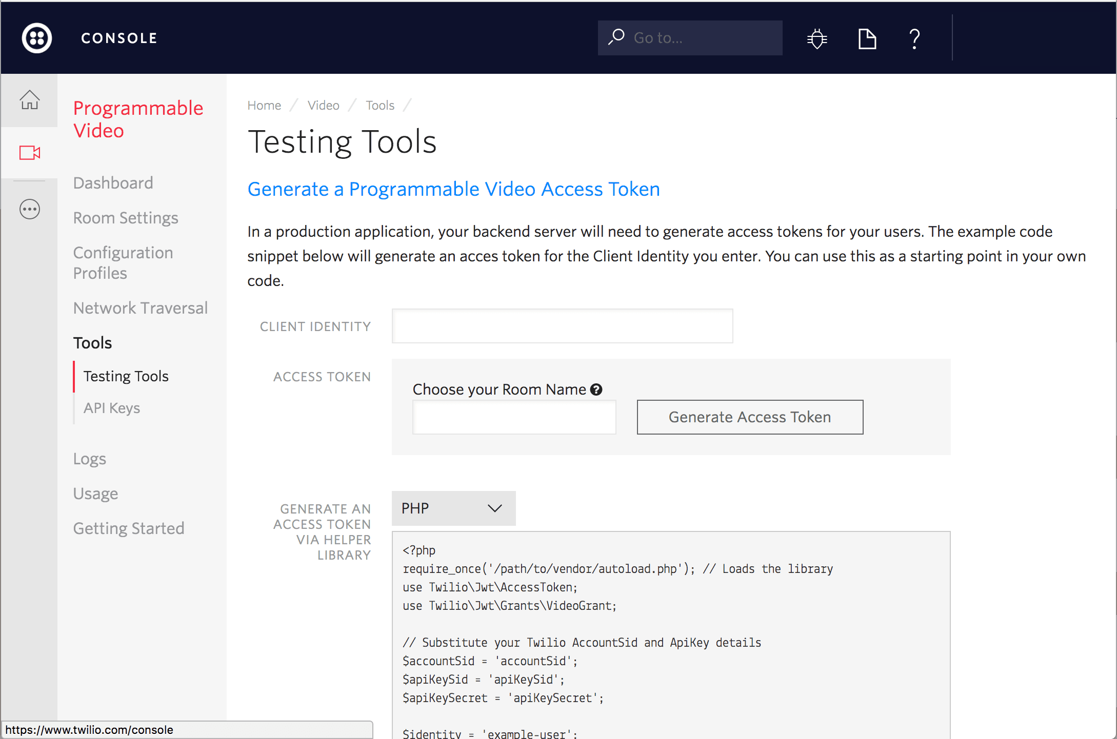 Testing Tools interface for generating a Programmable Video Access Token with PHP code snippet and input fields.