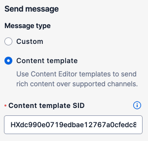 Send message interface with content template option and SID field.