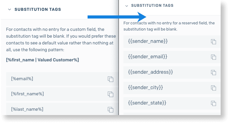 Comparison of custom and reserved substitution tags with examples for default values.