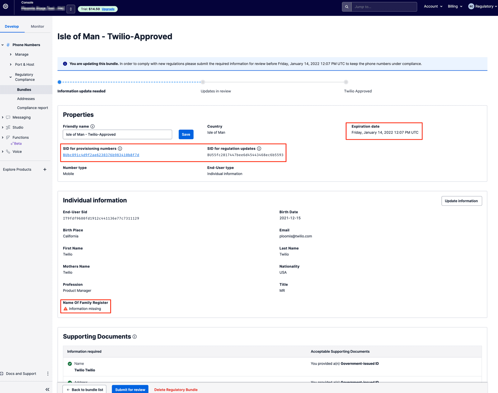Example Twilio bundle details with expiration date, SID, and individual info; missing family register information indicated.
