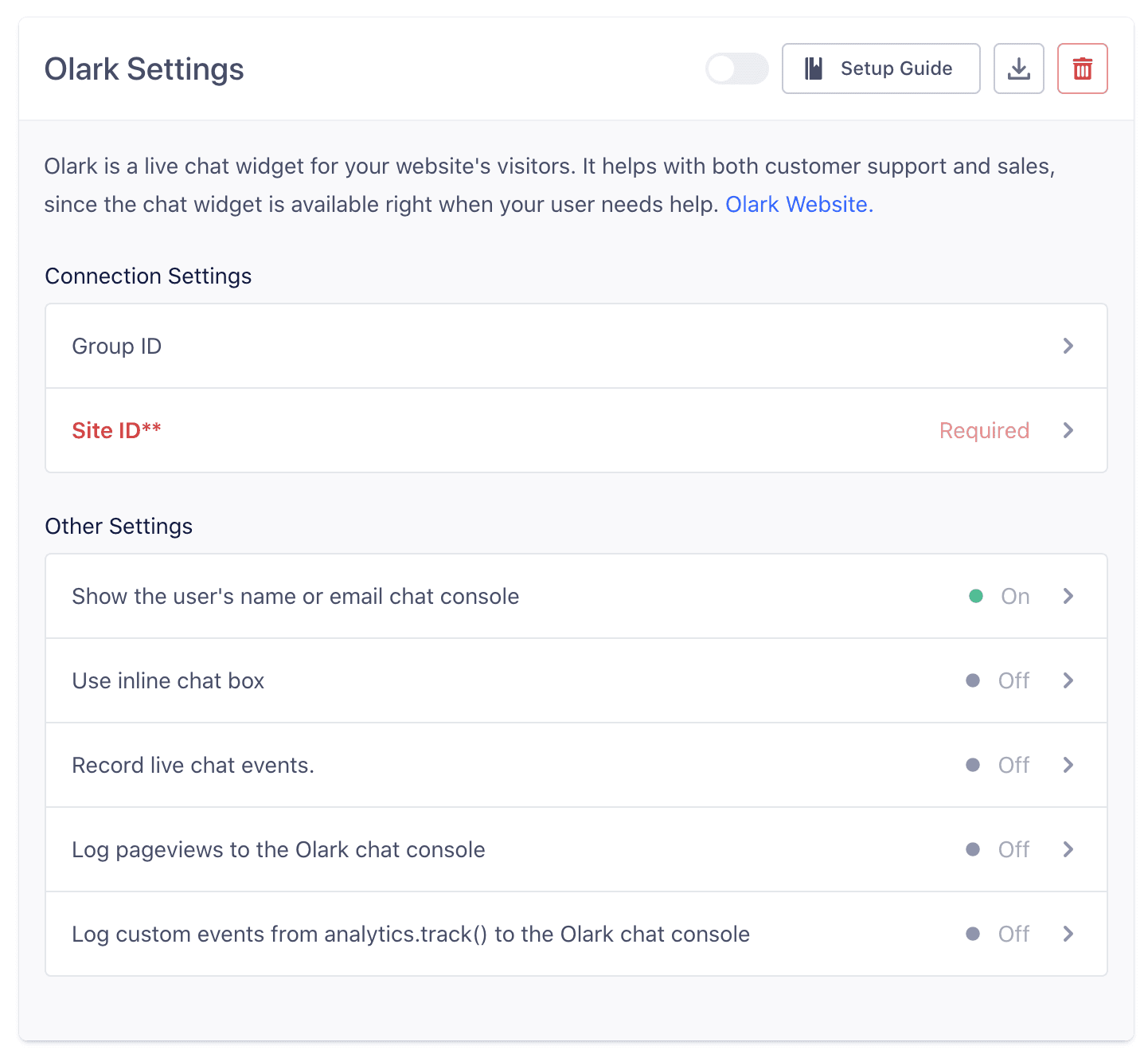 Screenshot of Olark UI with option to Record live chat events highlighted.