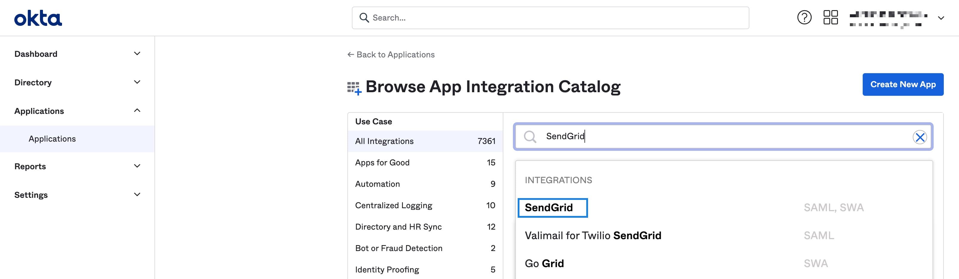 Okta integration catalog showing search results for SendGrid.