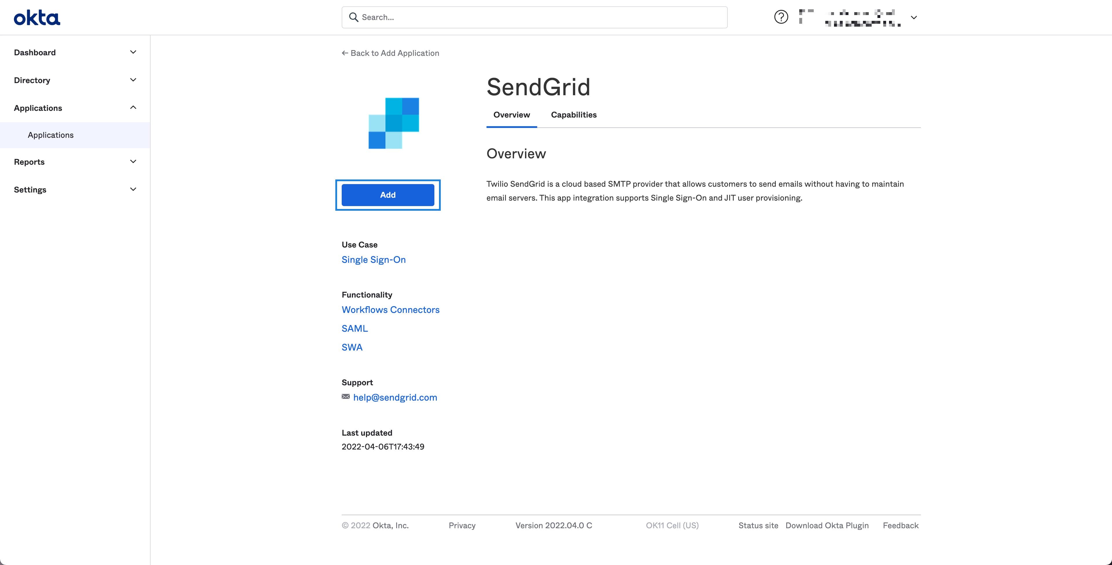 Twilio SendGrid integration page on Okta with Single Sign-On and JIT provisioning.