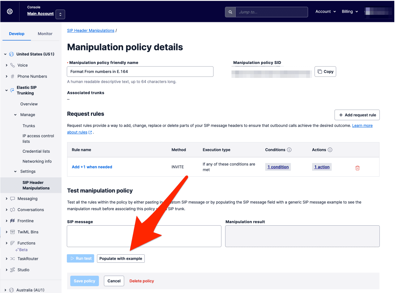 SIP header manipulations table showing policy names and associated SIP trunks with TestTrunk highlighted.