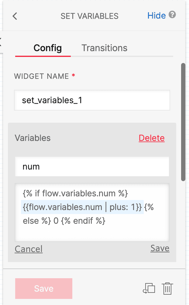 Set variables configuration with widget name 'set_variables_1' and variable 'num' increment logic.