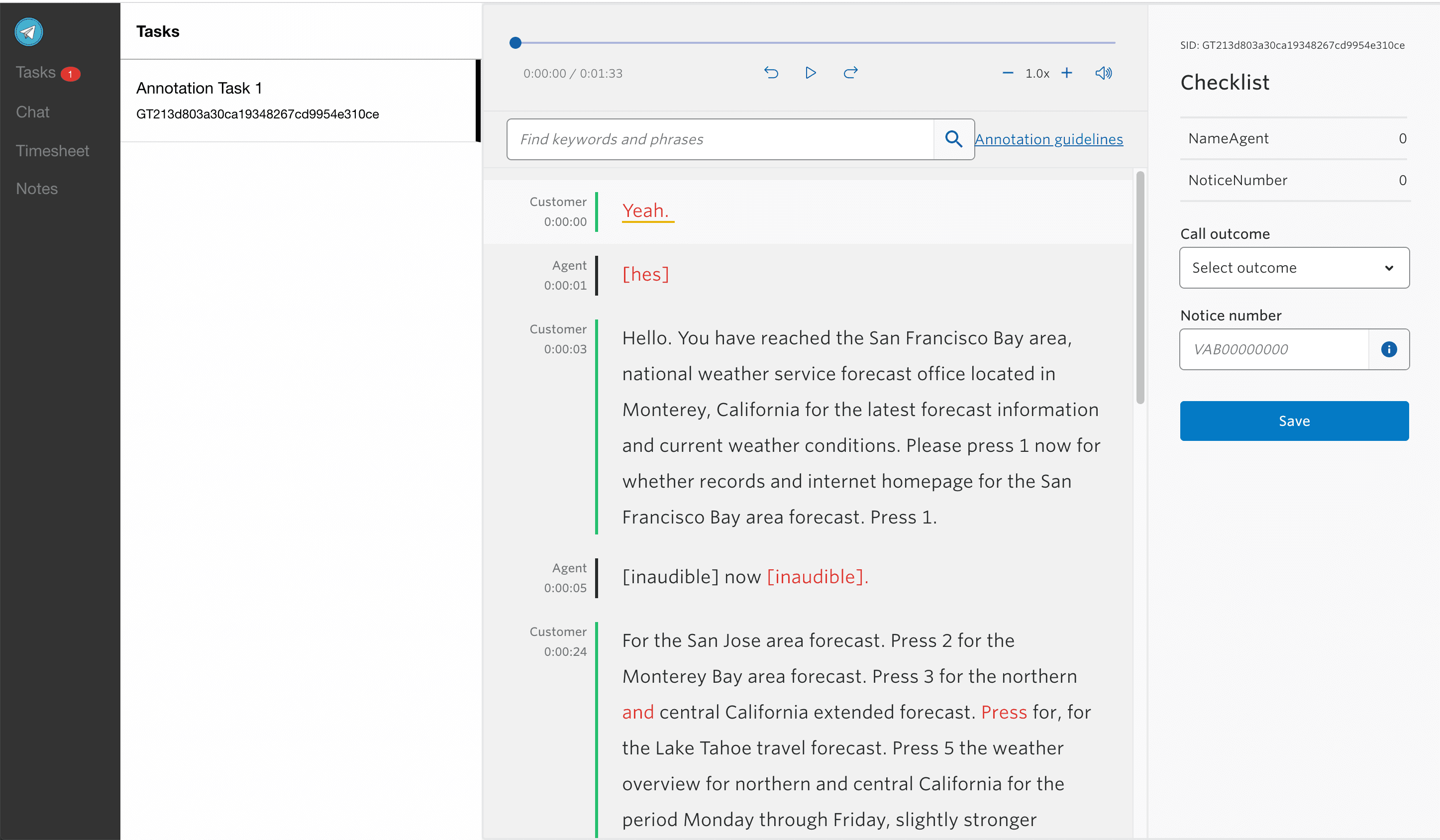 Transcription viewer showing a conversation with timestamps and checklist options.