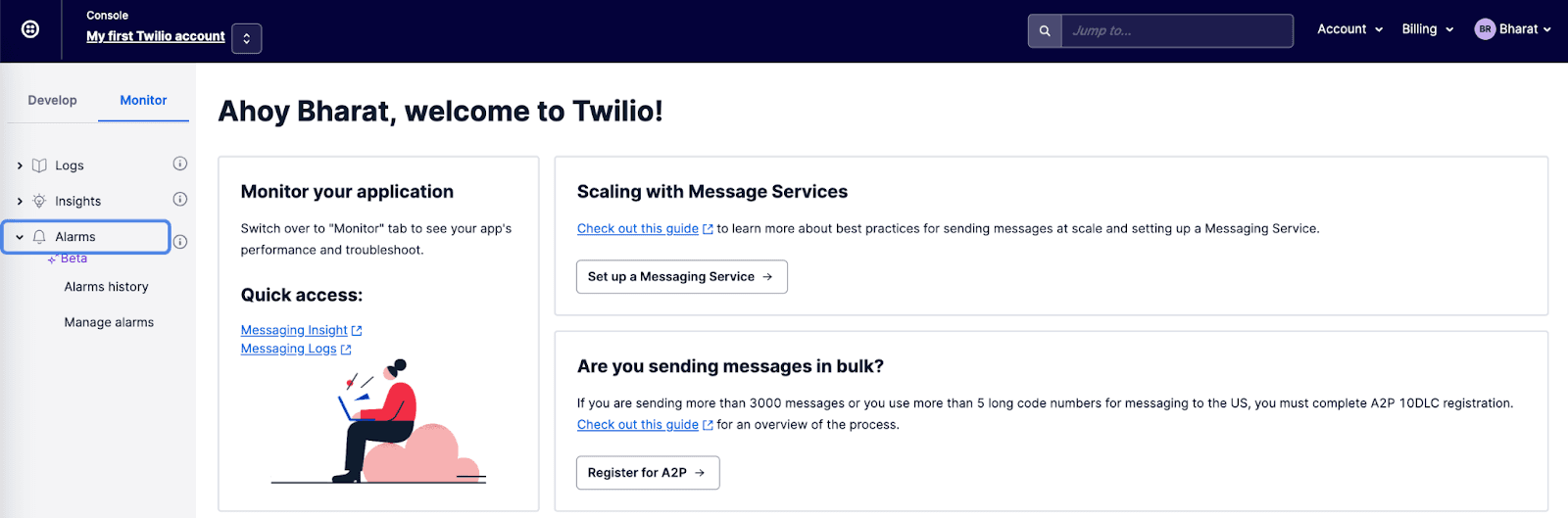 Red error indicator next to the Monitor tab in Twilio Console sidebar.