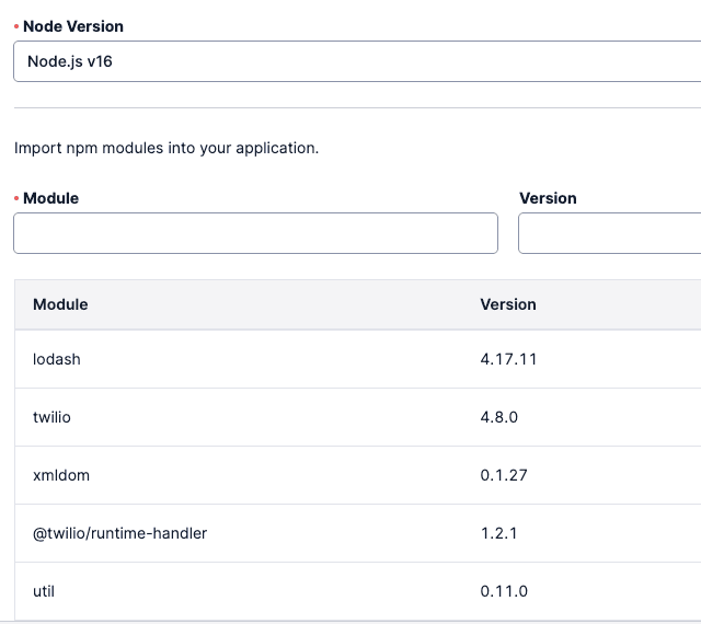 Node.js v16 with npm modules lodash, twilio, xmldom, runtime-handler, and util listed with versions.