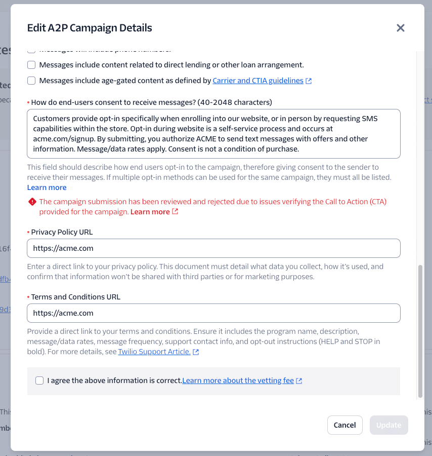 Edit A2P Campaign Details modal with failed review notice and sample messages.