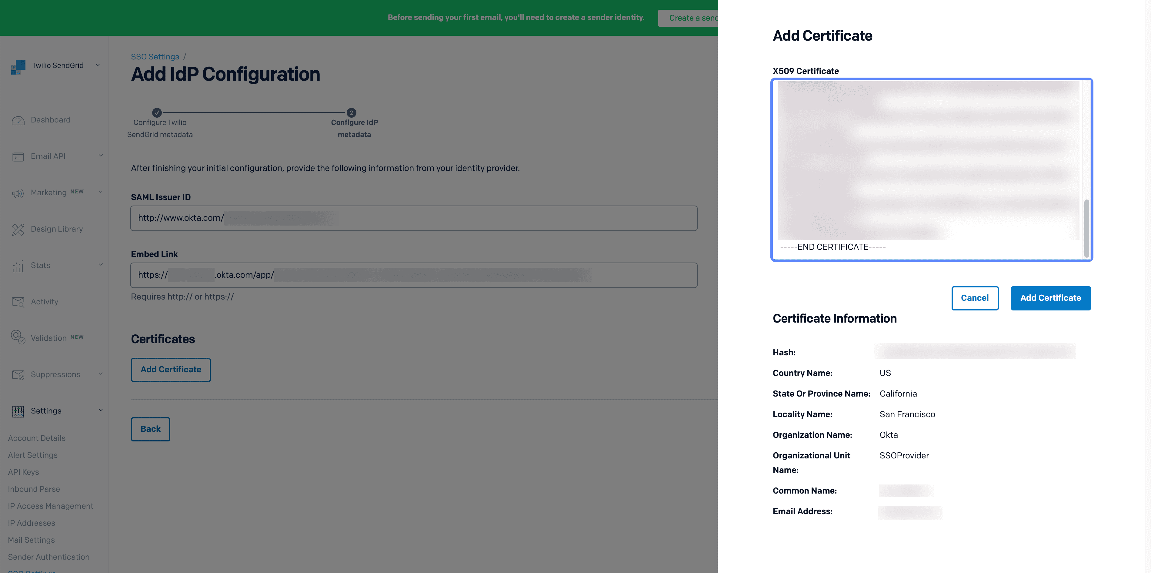 Twilio SendGrid interface for adding an X509 certificate to SSO with certificate details and options to cancel or add.