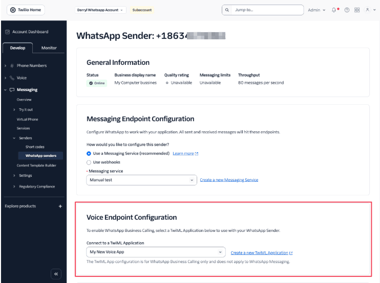 WhatsApp sender configuration with messaging and voice endpoint options.