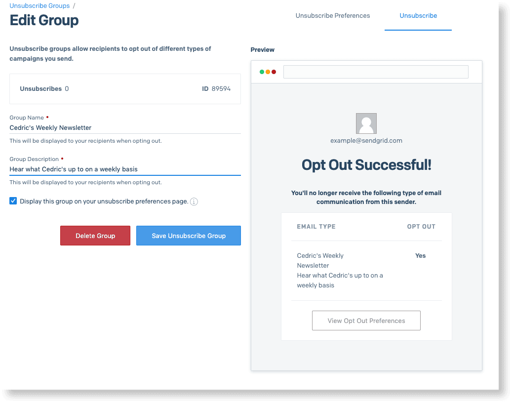 Edit unsubscribe group for Cedric's Weekly Newsletter with opt-out success preview.