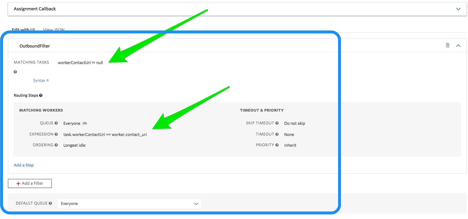 OutboundFilter with task matching and worker routing settings for outbound calls.