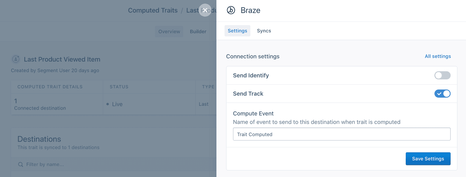 A screenshot of the Braze settings tab in Segment, with the Send Track setting enabled and a Trait Computed value in the Compute Event field.