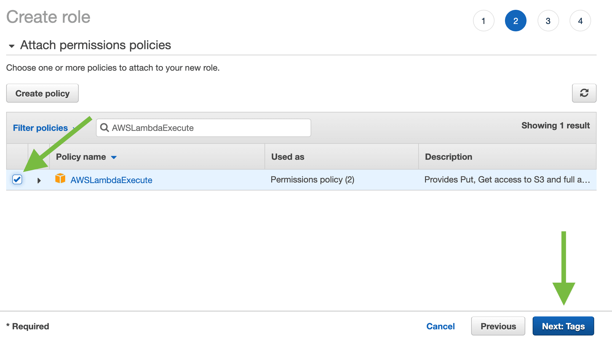 Add the AWSLambdaExecute permission.