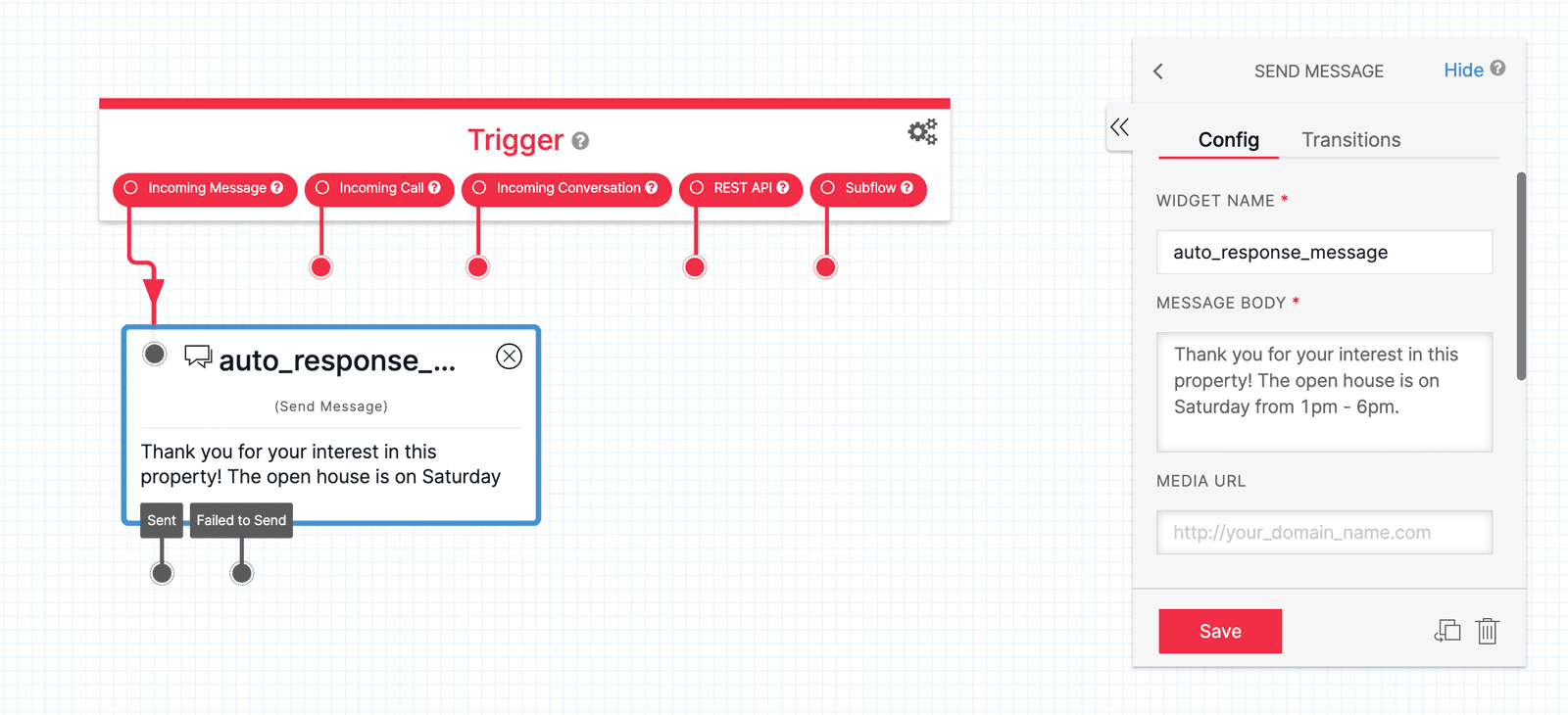Twilio Studio auto-response widget with message configuration panel showing open house details.