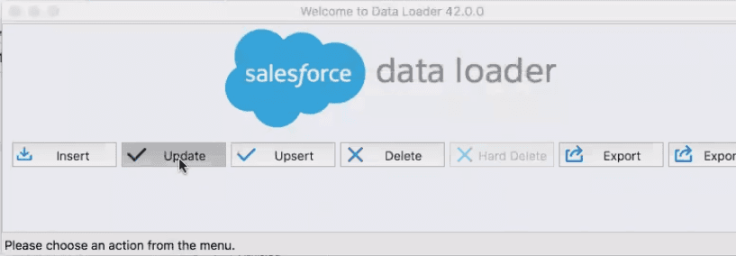 Salesforce Data Loader interface with update option selected.