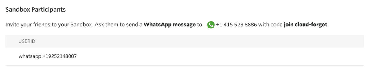 Invite friends to Sandbox by sending WhatsApp message to +1 415 523 8886 with code join cloud-forgot.