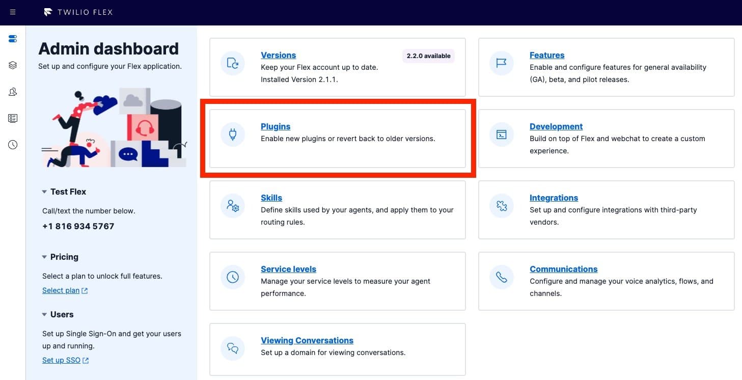 Twilio Flex Admin dashboard with Plugins section highlighted.