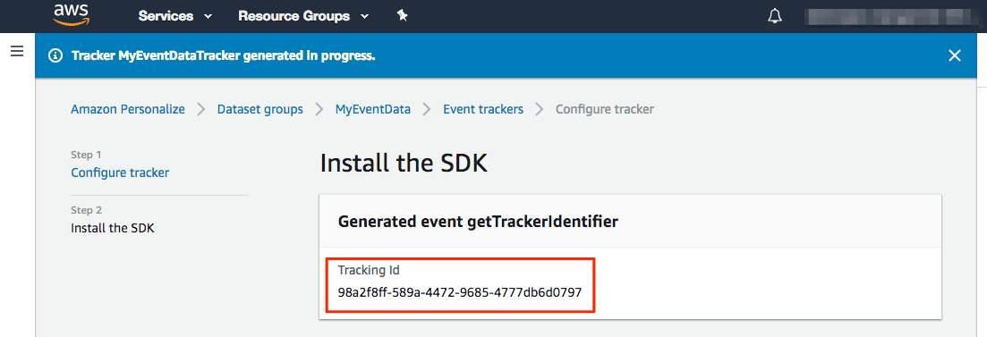 A screenshot of the Install the SDK page, with a box around the Tracking Id value.