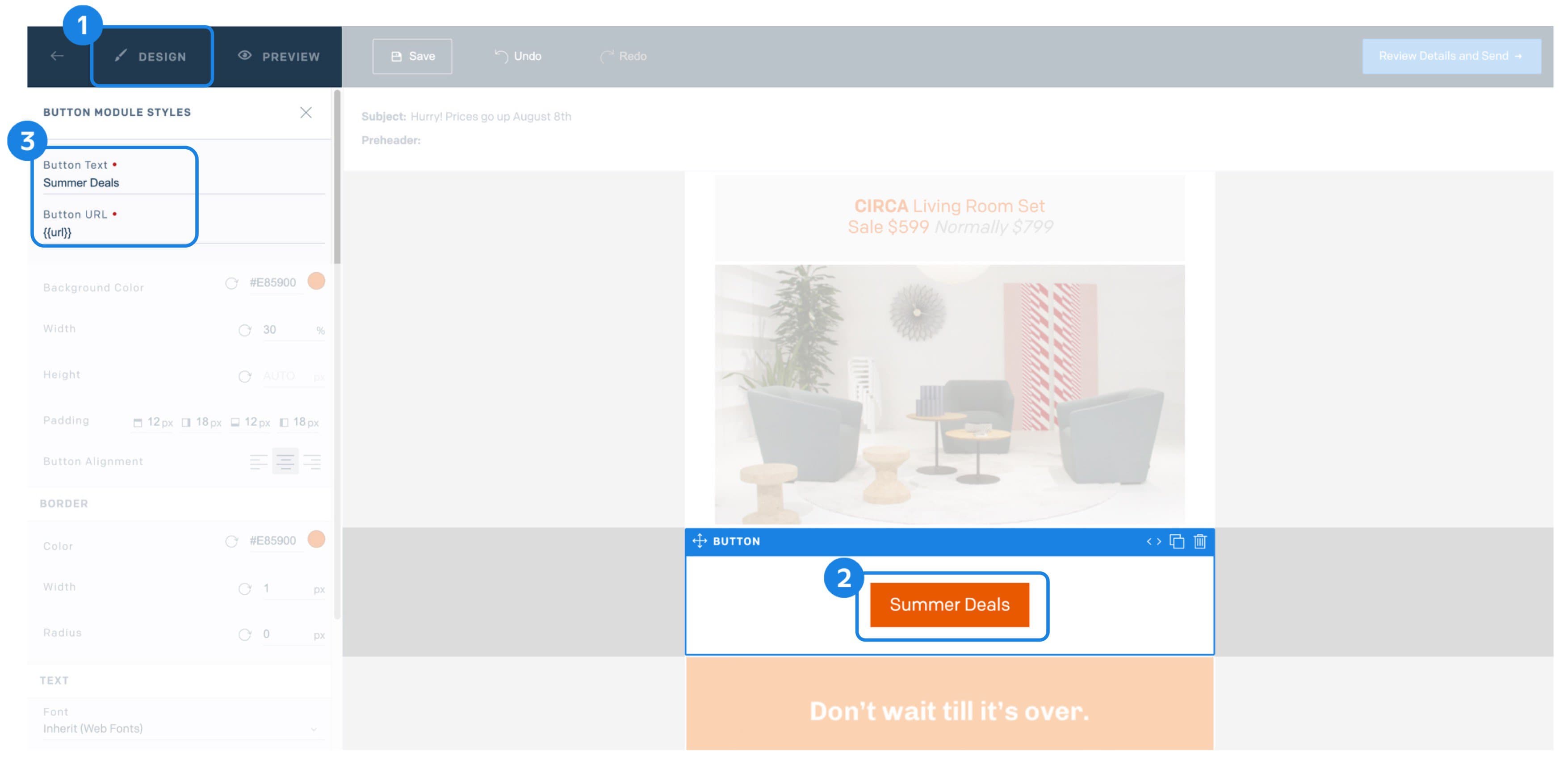 The Twilio SendGrid Design Editor with a Button Module settings menu open.