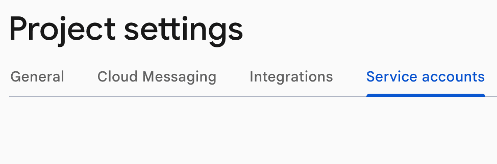 Project settings menu with tabs for General, Cloud Messaging, Integrations, and Service accounts highlighted.