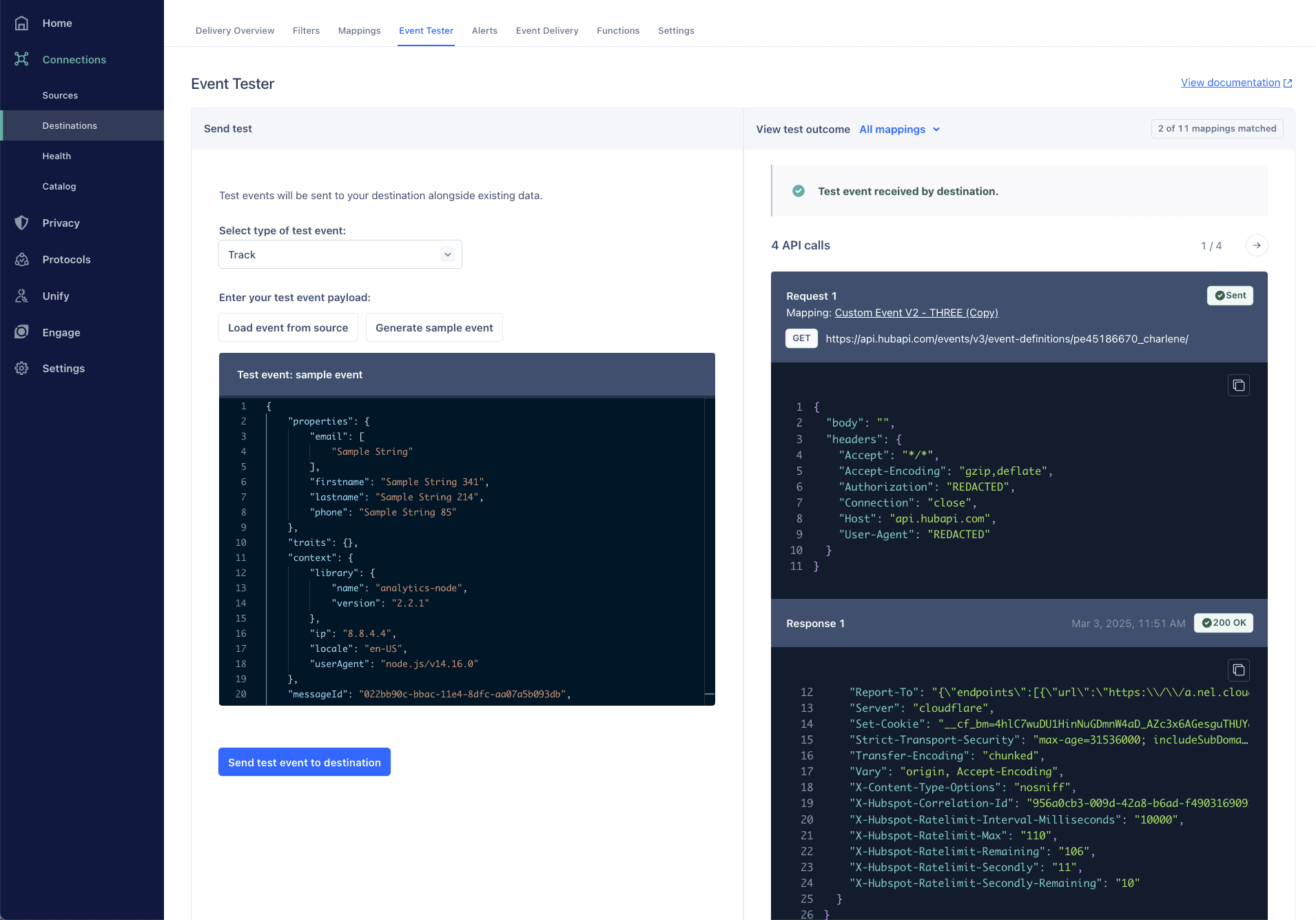 Screenshot of the Event Tester with a Track test event that resulted in 4 API calls.