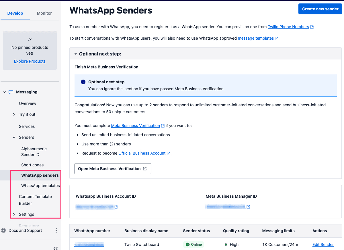 Request WhatsApp Senders page with phone number selection and instructions for Twilio numbers.