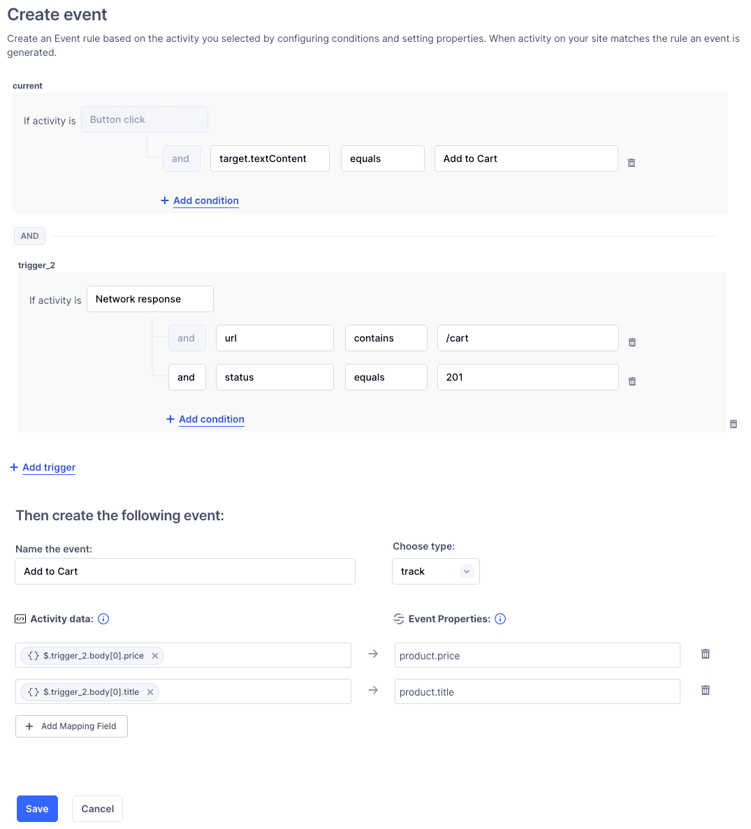 Track event rule for Add to Cart using button click and network response.