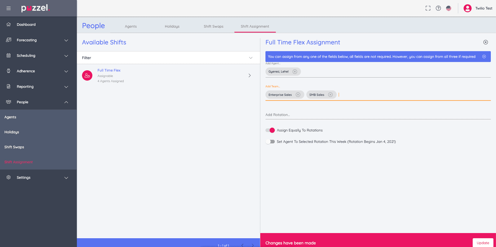 Shift assignment interface showing full-time flex options for agents and teams.