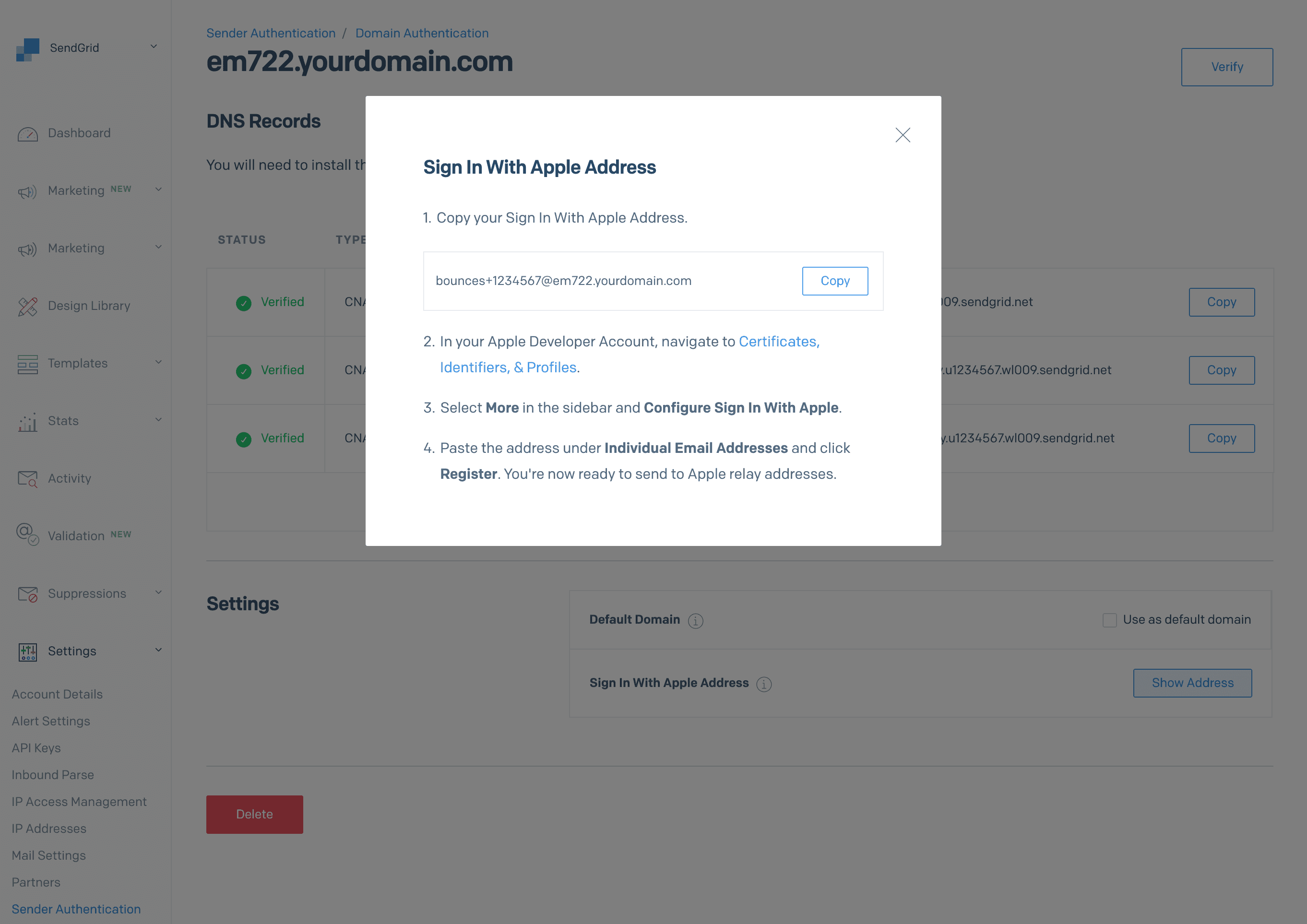 Instructions for configuring Sign In with Apple address in SendGrid.