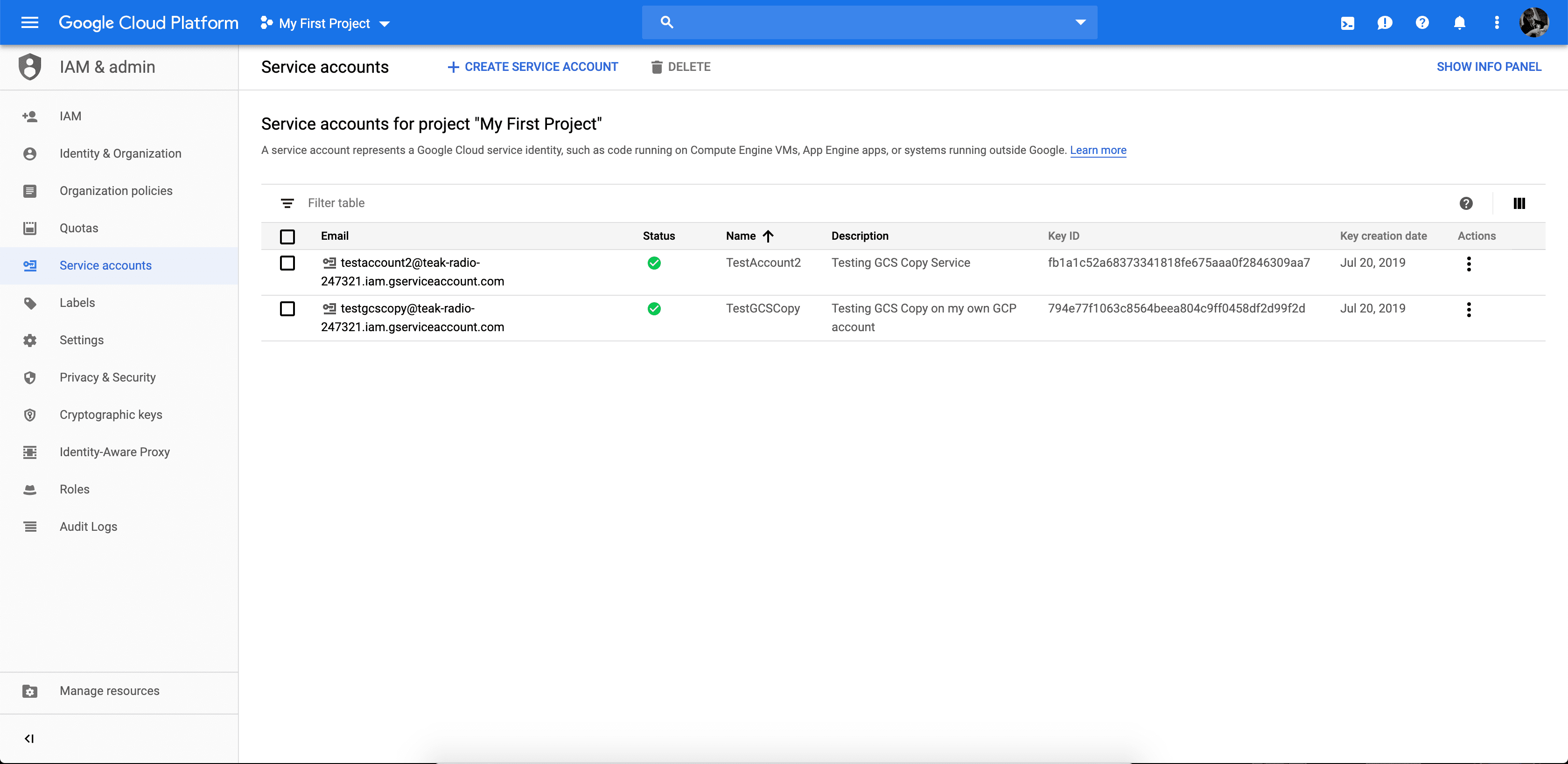Screenshot of the Service accounts page in Google Cloud.