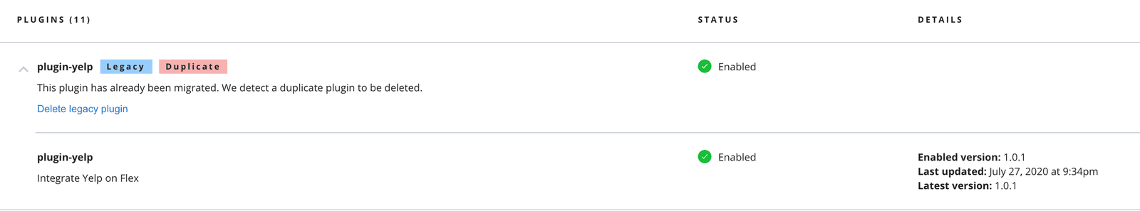 Plugin-yelp marked as legacy and duplicate, enabled version 1.0.1, last updated July 27, 2020.