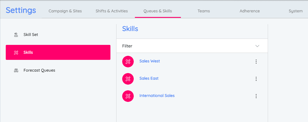 Settings page showing skills list with Sales West, Sales East, and International Sales.