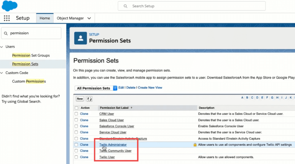 Salesforce Permission Sets page showing user assignment options.