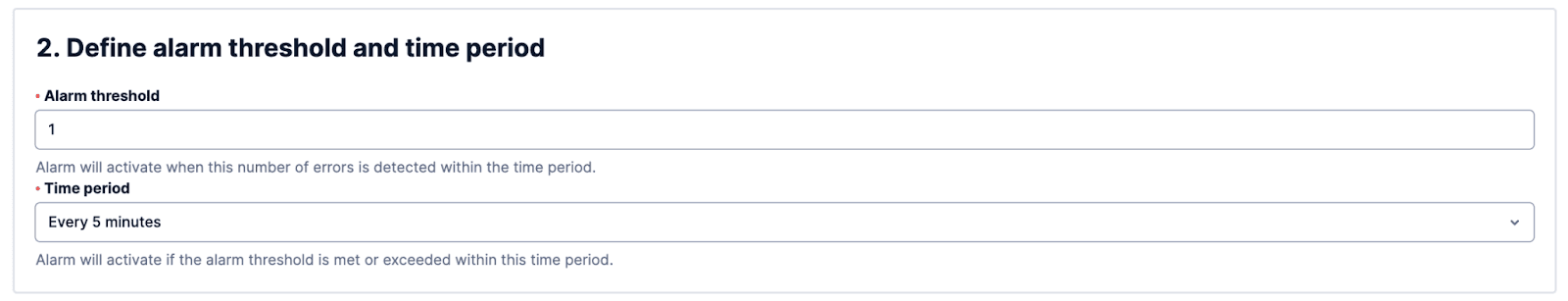 A view of the Alarm threshold configuration fields: alarm threshold and time period.