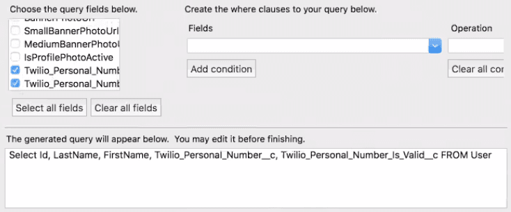 Query builder interface with selected fields including Twilio personal number and validity.