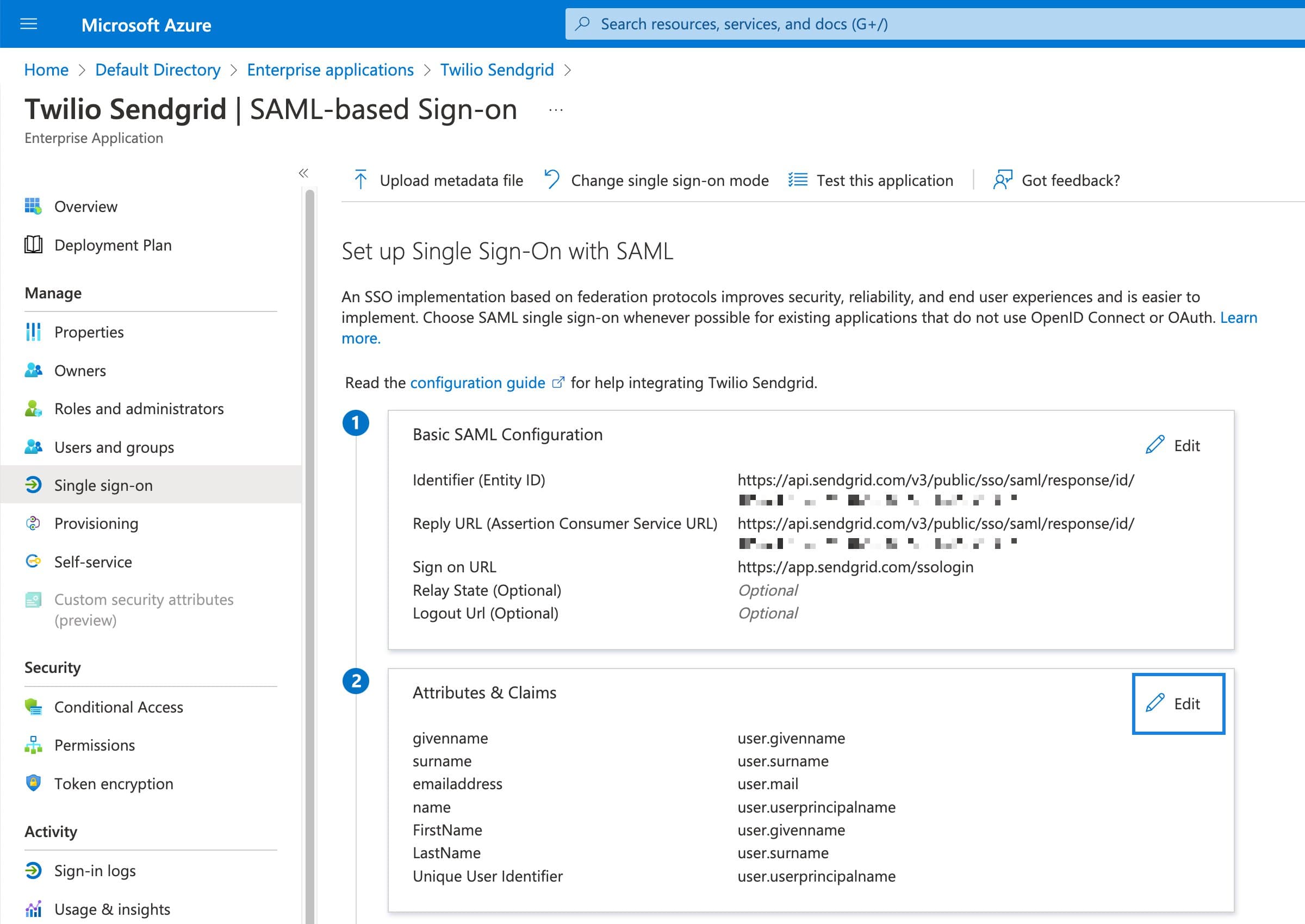 Azure SAML SSO settings with basic configuration and attributes claims for Twilio Sendgrid.
